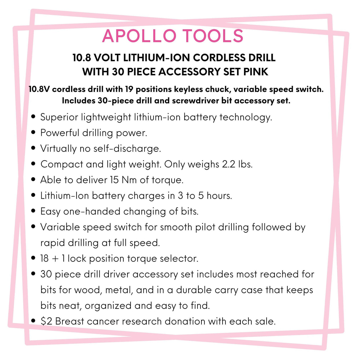 10.8 Volt Lithium-Ion Cordless Drill with 30 Piece Accessory Set PINK - DT4937P